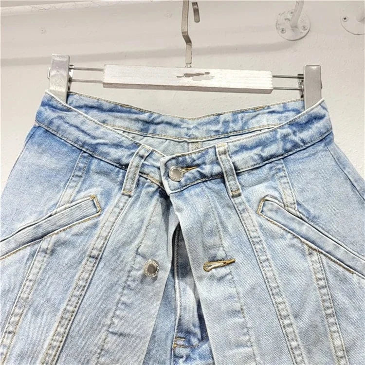 2024 Fashion Trends Streetwear Denim Shorts Women Patchwork Button Fake Two Pieces Denim Mini Skirt Shorts