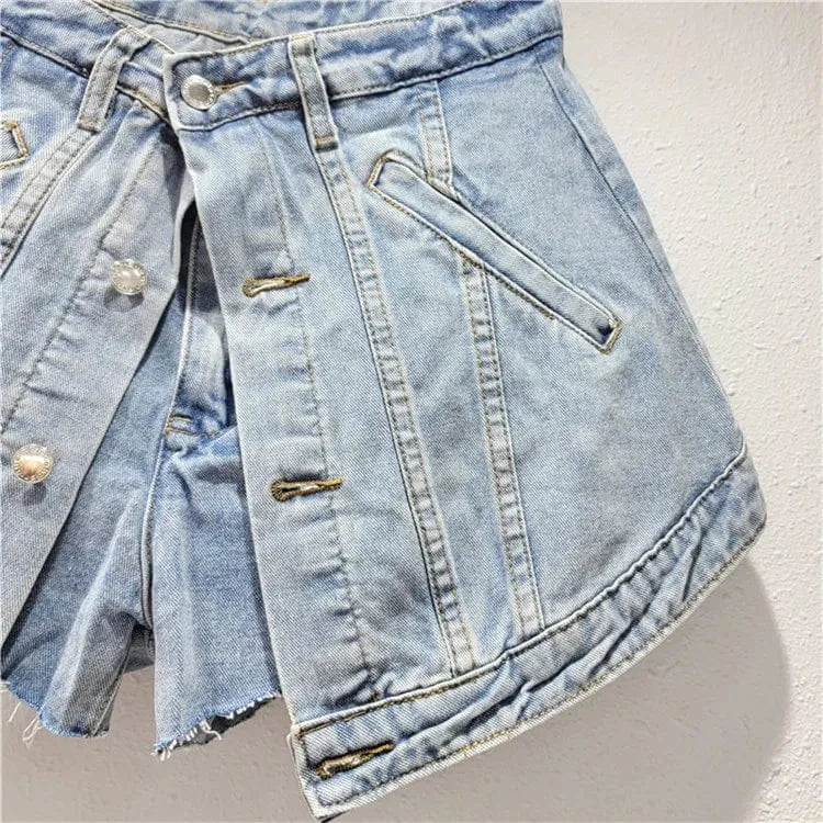 2024 Fashion Trends Streetwear Denim Shorts Women Patchwork Button Fake Two Pieces Denim Mini Skirt Shorts
