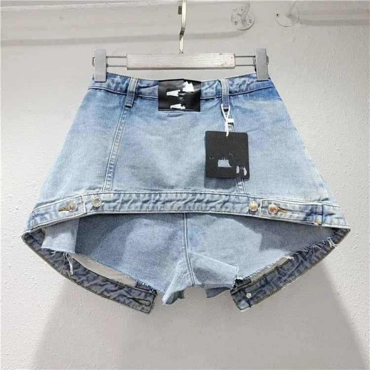 2024 Fashion Trends Streetwear Denim Shorts Women Patchwork Button Fake Two Pieces Denim Mini Skirt Shorts
