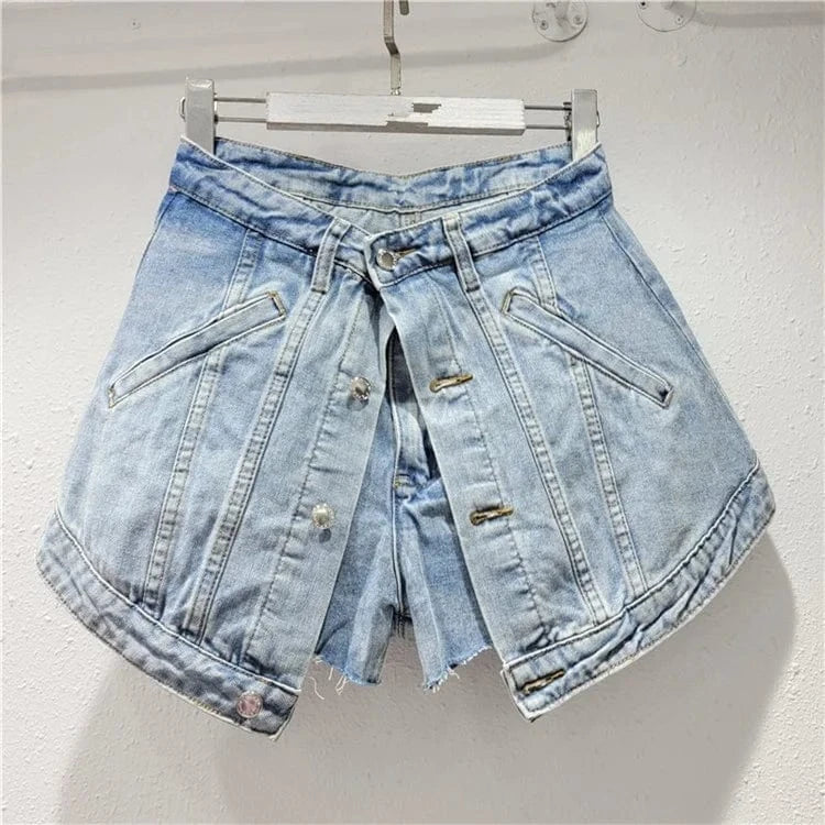 2024 Fashion Trends Streetwear Denim Shorts Women Patchwork Button Fake Two Pieces Denim Mini Skirt Shorts