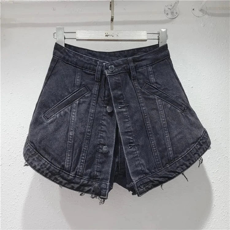 2024 Fashion Trends Streetwear Denim Shorts Women Patchwork Button Fake Two Pieces Denim Mini Skirt Shorts