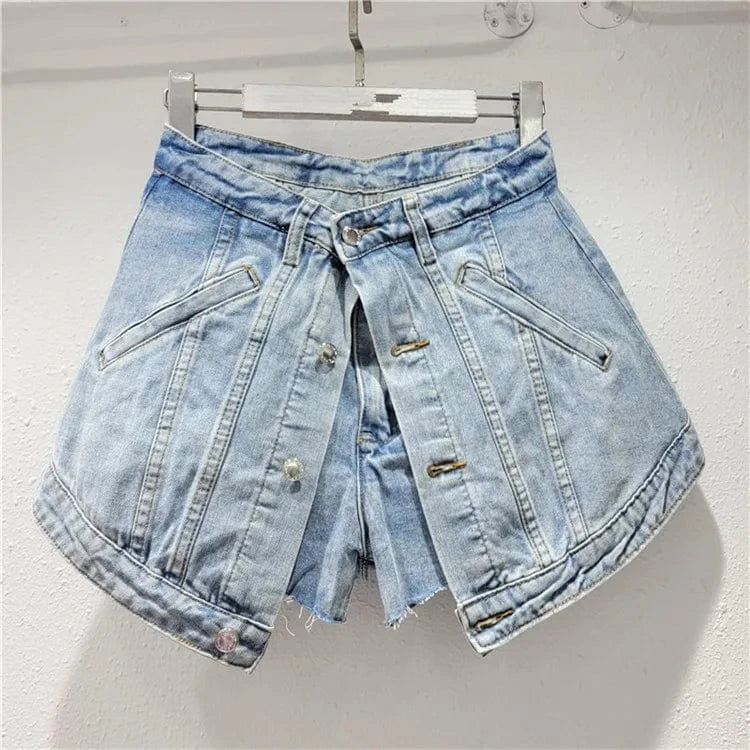 2024 Fashion Trends Streetwear Denim Shorts Women Patchwork Button Fake Two Pieces Denim Mini Skirt Shorts