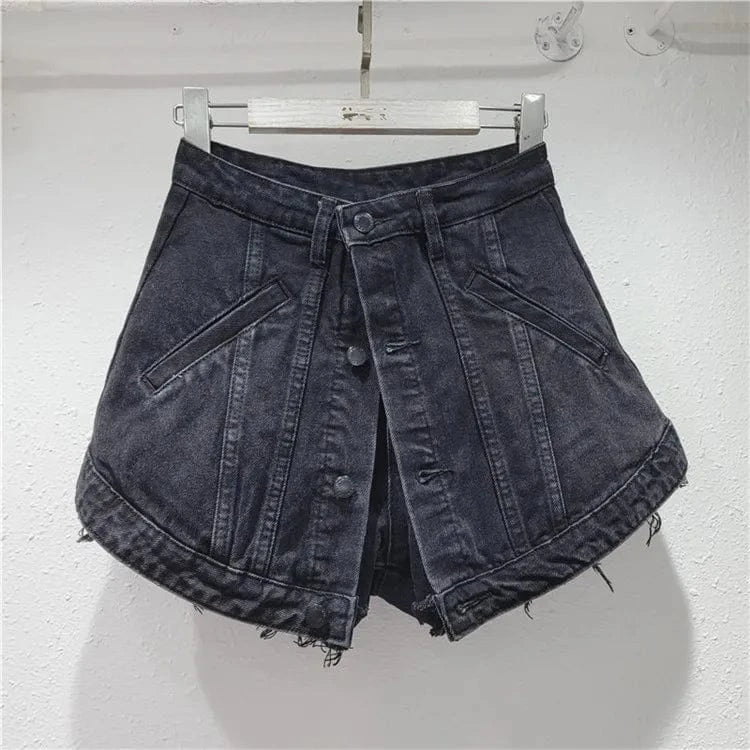 2024 Fashion Trends Streetwear Denim Shorts Women Patchwork Button Fake Two Pieces Denim Mini Skirt Shorts