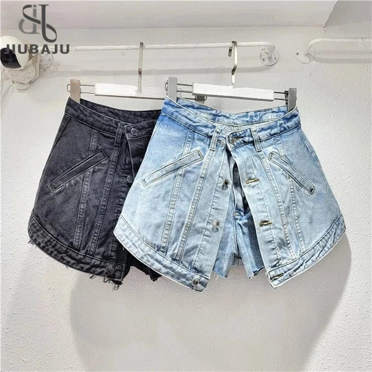 2024 Fashion Trends Streetwear Denim Shorts Women Patchwork Button Fake Two Pieces Denim Mini Skirt Shorts
