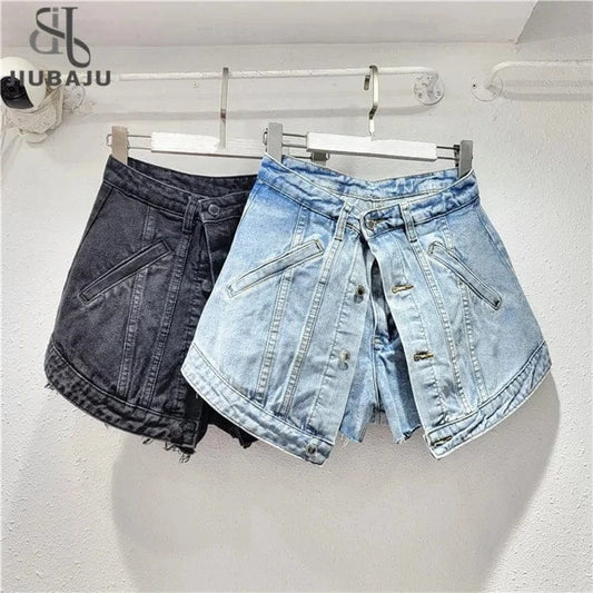 2024 Fashion Trends Streetwear Denim Shorts Women Patchwork Button Fake Two Pieces Denim Mini Skirt Shorts