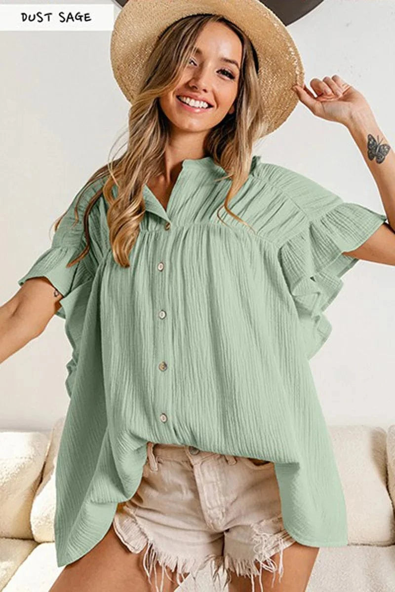 2024 Fashion Trendy Polo Collar Single Breasted Short Sleeve Shirt Tops Solid Color Petal Sleeve Loose Versatile pleated Blouse