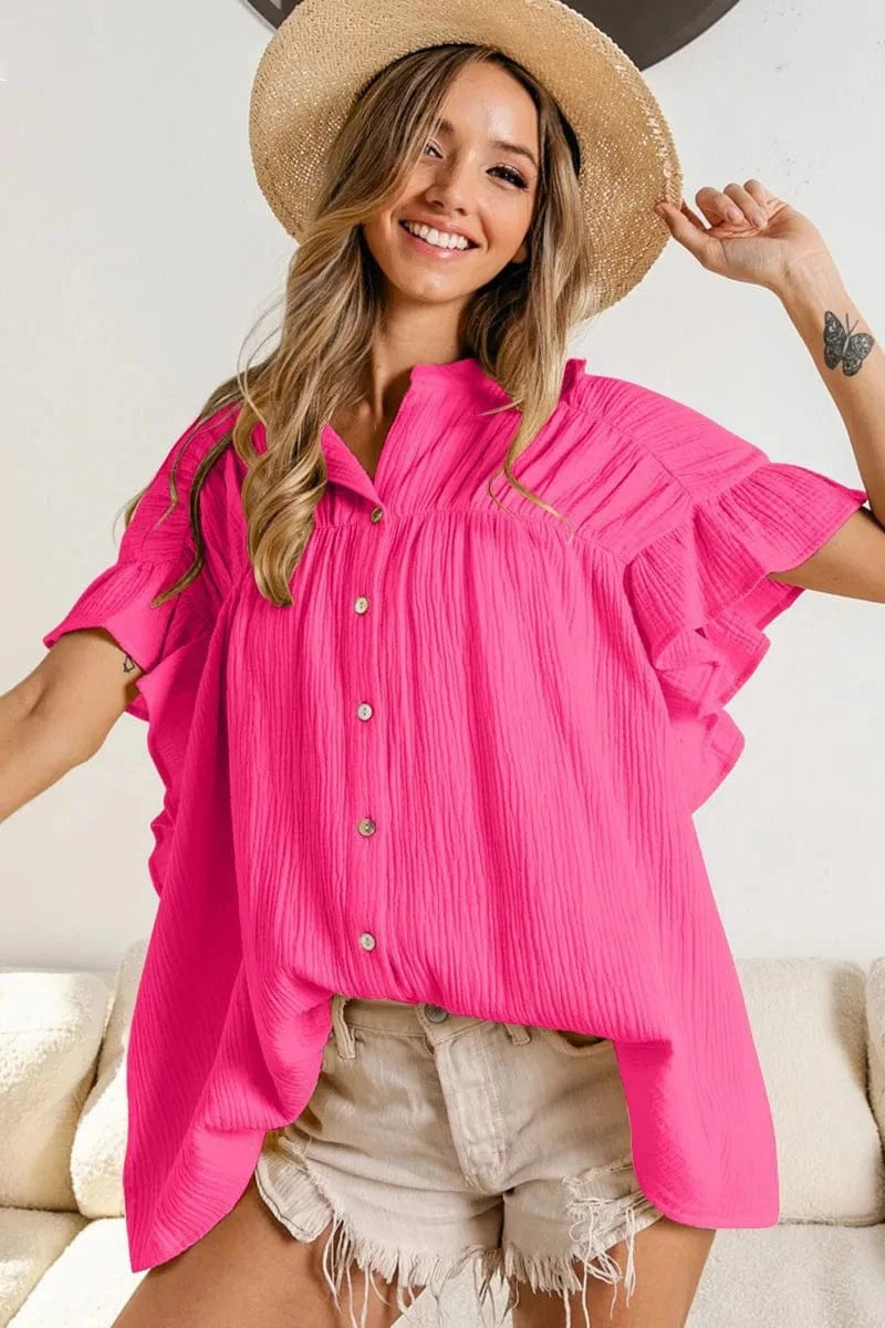 2024 Fashion Trendy Polo Collar Single Breasted Short Sleeve Shirt Tops Solid Color Petal Sleeve Loose Versatile pleated Blouse