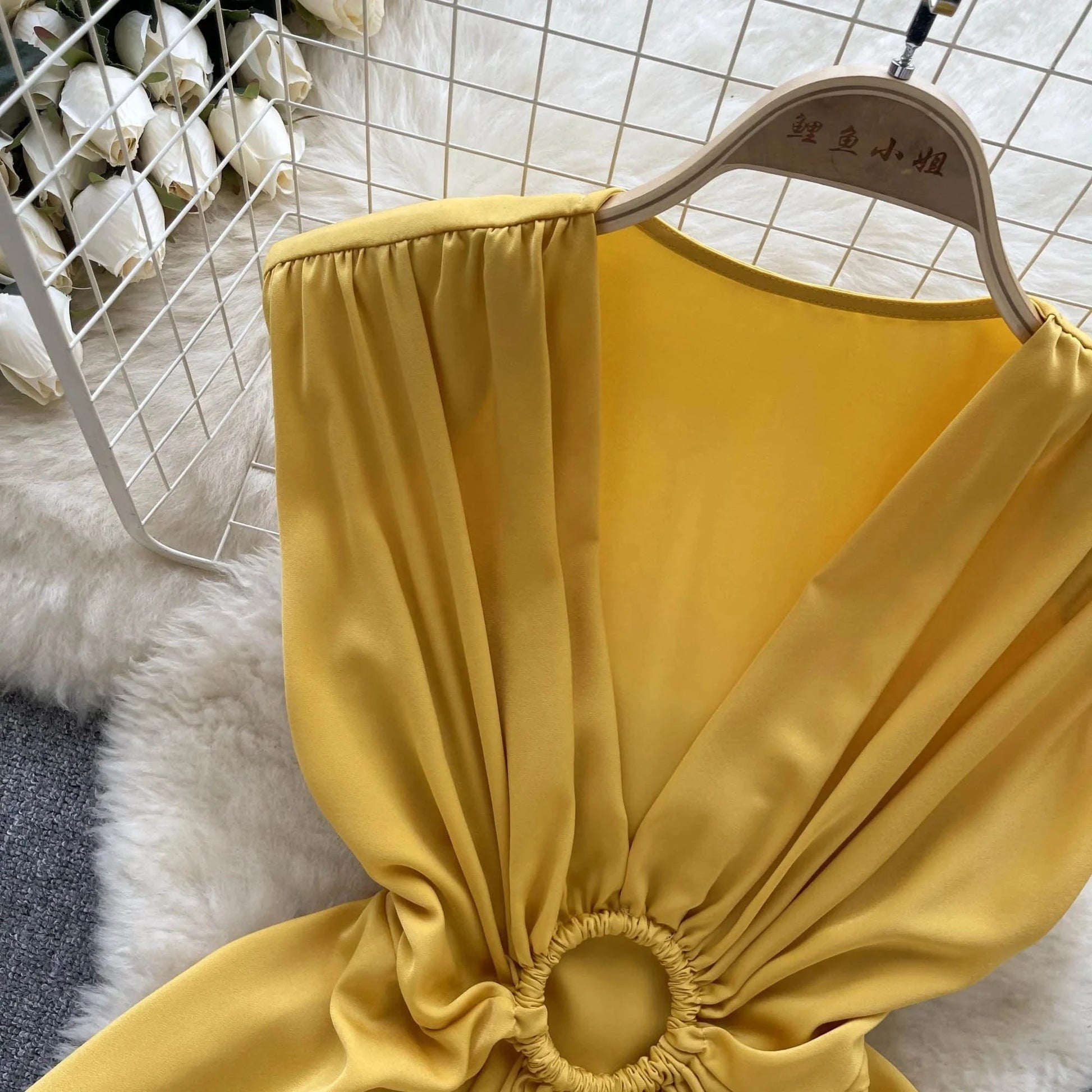 2024 fashion V-neck pleated waistband hollowed out satin top for women summer slim and stylish fishtail shirt