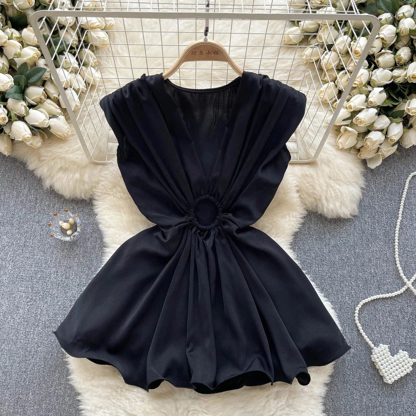 2024 fashion V-neck pleated waistband hollowed out satin top for women summer slim and stylish fishtail shirt