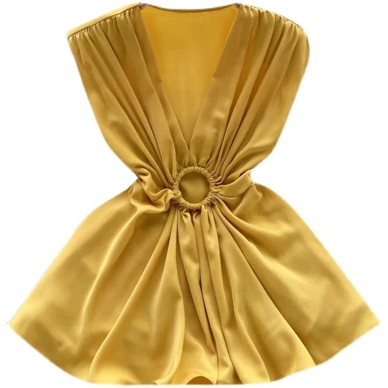 2024 fashion V-neck pleated waistband hollowed out satin top for women summer slim and stylish fishtail shirt