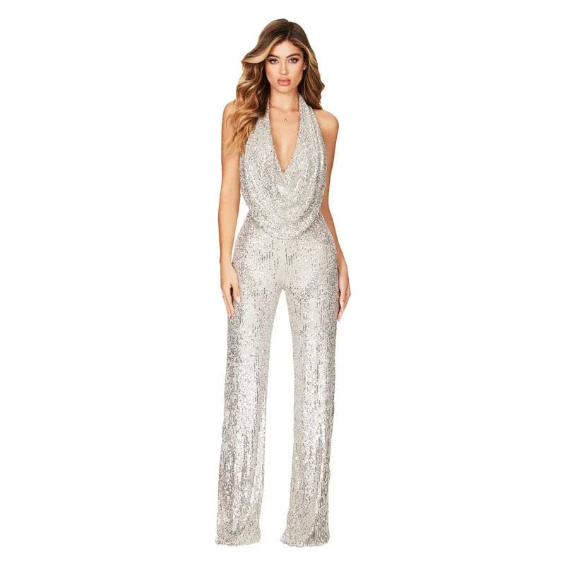 2024 Fashion Women Casual Hot Sale Sleeveless Neck Hanging Long Straight Pants One Piece Solid Color Casual Sequin Jumpsuit