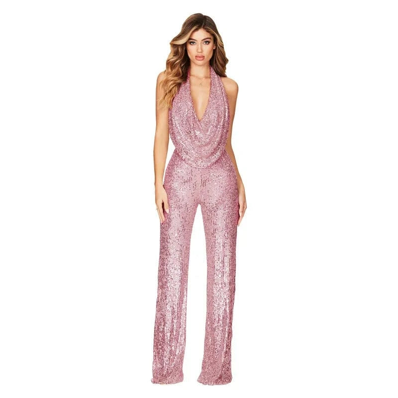 2024 Fashion Women Casual Hot Sale Sleeveless Neck Hanging Long Straight Pants One Piece Solid Color Casual Sequin Jumpsuit