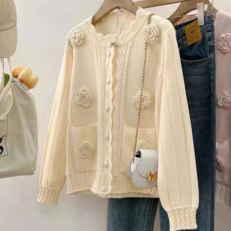 2024 Fashionable woman new arrival crew neck long sleeve floral sweater cardigan