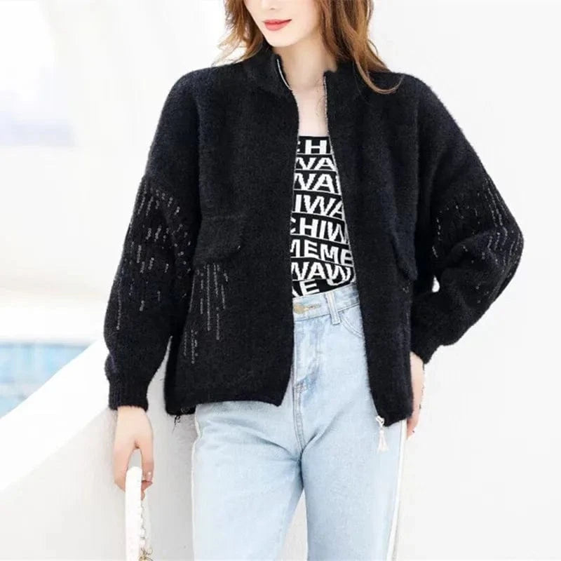 2024 Fashionable woman new arrival mock neck long sleeve oversize cardigan sequined thick sweater coat
