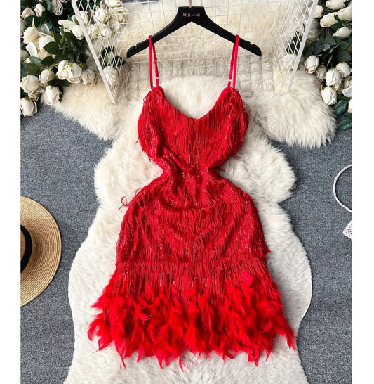 2024 Feather Splicing Sequins Women's High-end Dresses Sexy Backless Waisted Halter Tassel Short Dresses