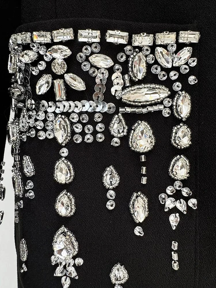 2024  Fine Workmanship Rhinestone Beading Lady Party Wear Notched Long Sleeve Single-breasted Woman Maxi Black Dress