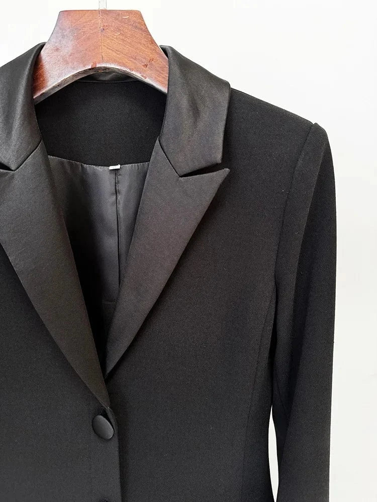 2024  Fine Workmanship Rhinestone Beading Lady Party Wear Notched Long Sleeve Single-breasted Woman Maxi Black Dress