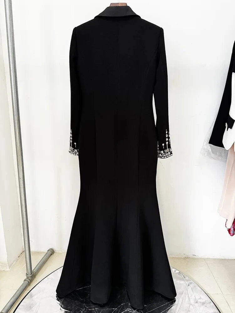 2024  Fine Workmanship Rhinestone Beading Lady Party Wear Notched Long Sleeve Single-breasted Woman Maxi Black Dress