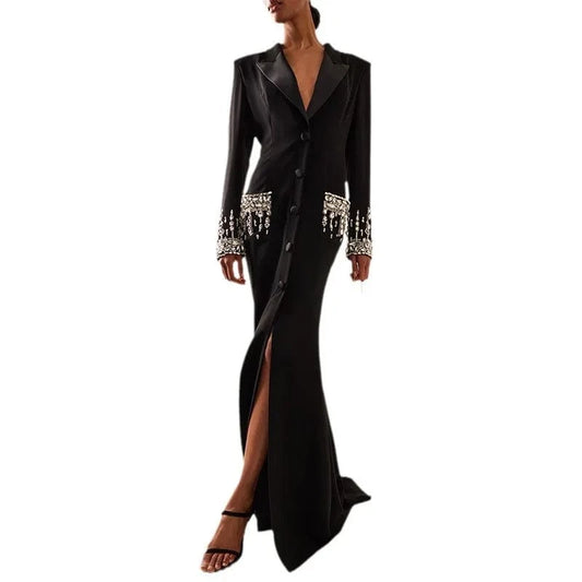 2024  Fine Workmanship Rhinestone Beading Lady Party Wear Notched Long Sleeve Single-breasted Woman Maxi Black Dress