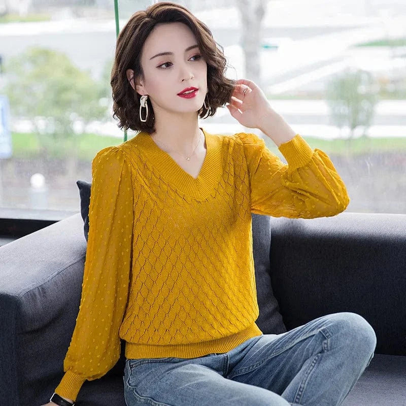 2024 Girls spring new arrival long sleeve sweater shirt  thin v-neck short woman sweater
