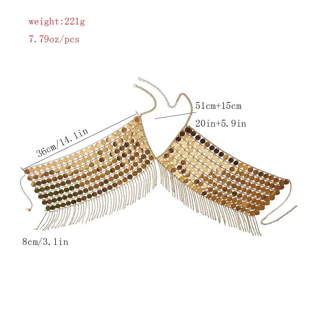 2024 Handmade Women's Body Chain Jewelry Bikini Tassel Sexy Backless Halter Club Gold Plated Round Sequin Bra Chain