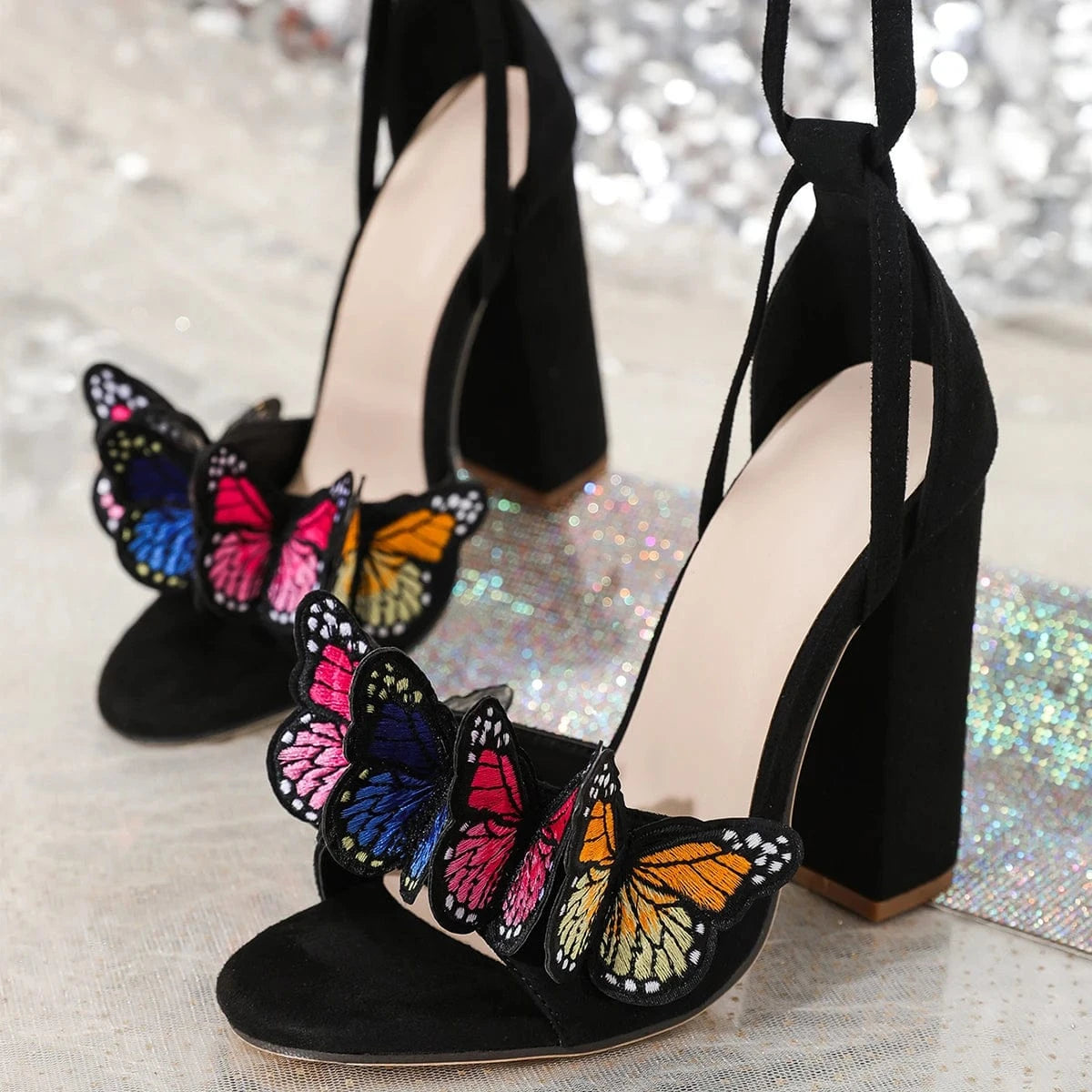 2024 Heels Sandals embroidered suede butterfly high heel Sandals thick heel lace Sandals