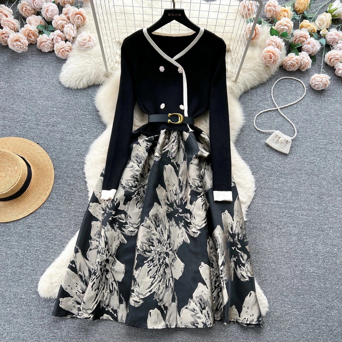 2024 High Quality Autumn Vintage Tunic Slim Dress For Women Patchwork Dresses Ladies Elegant Dresses Clothes Women