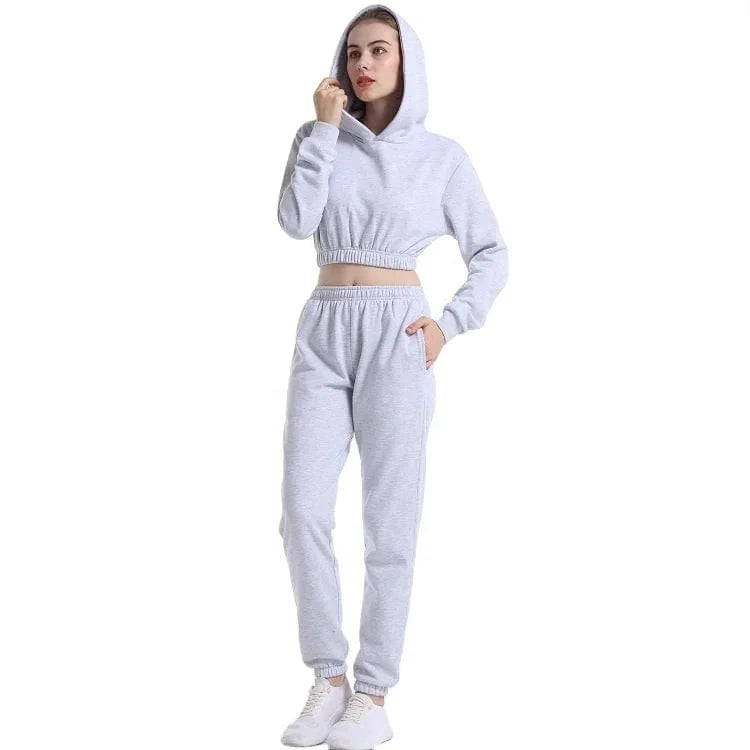 2024 High Quality Cotton Polyester Fleece Jogging Suit Crop Top Hoodie and Pants 2 Piece Set Women Sweatsuit