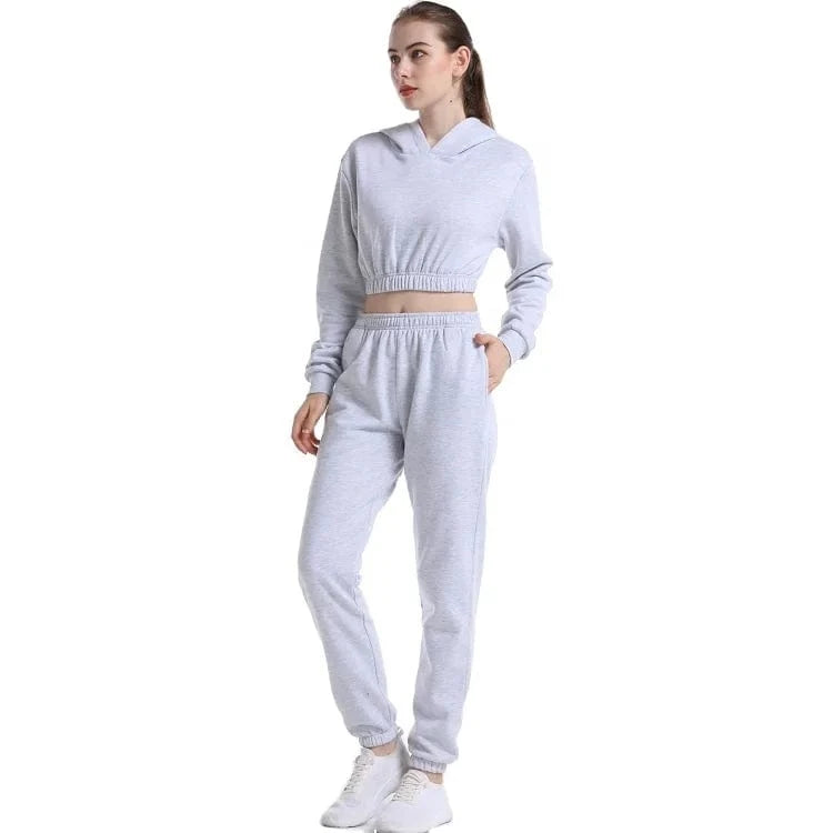 2024 High Quality Cotton Polyester Fleece Jogging Suit Crop Top Hoodie and Pants 2 Piece Set Women Sweatsuit