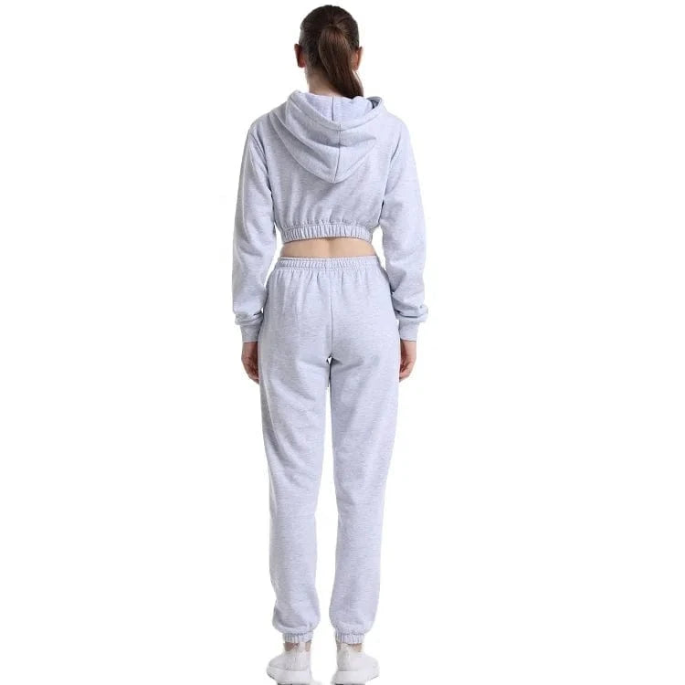 2024 High Quality Cotton Polyester Fleece Jogging Suit Crop Top Hoodie and Pants 2 Piece Set Women Sweatsuit
