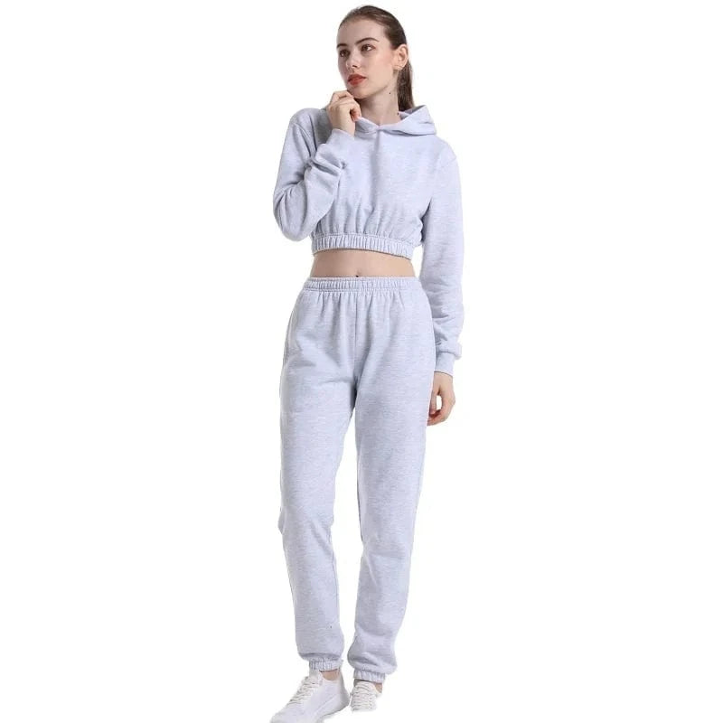 2024 High Quality Cotton Polyester Fleece Jogging Suit Crop Top Hoodie and Pants 2 Piece Set Women Sweatsuit