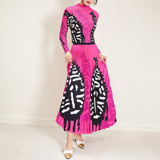 2024 High Quality Miyake Pleated Printed Stretch Top and Long Pleated Skirt One Size Accepts Customized Skirt and Shirt Sets