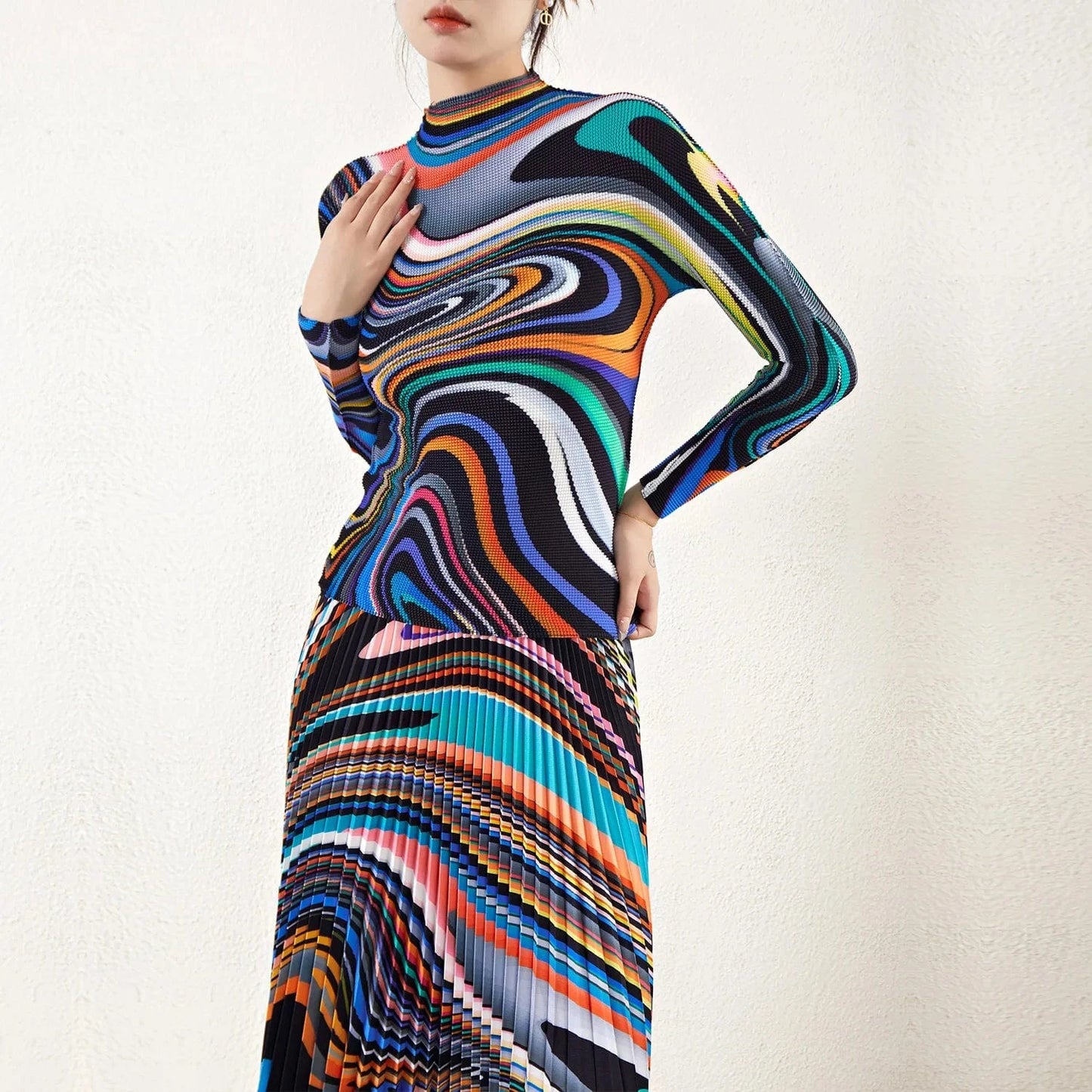 2024 High Quality Miyake Pleated Printed Stretch Top and Long Pleated Skirt One Size Accepts Customized Skirt and Shirt Sets