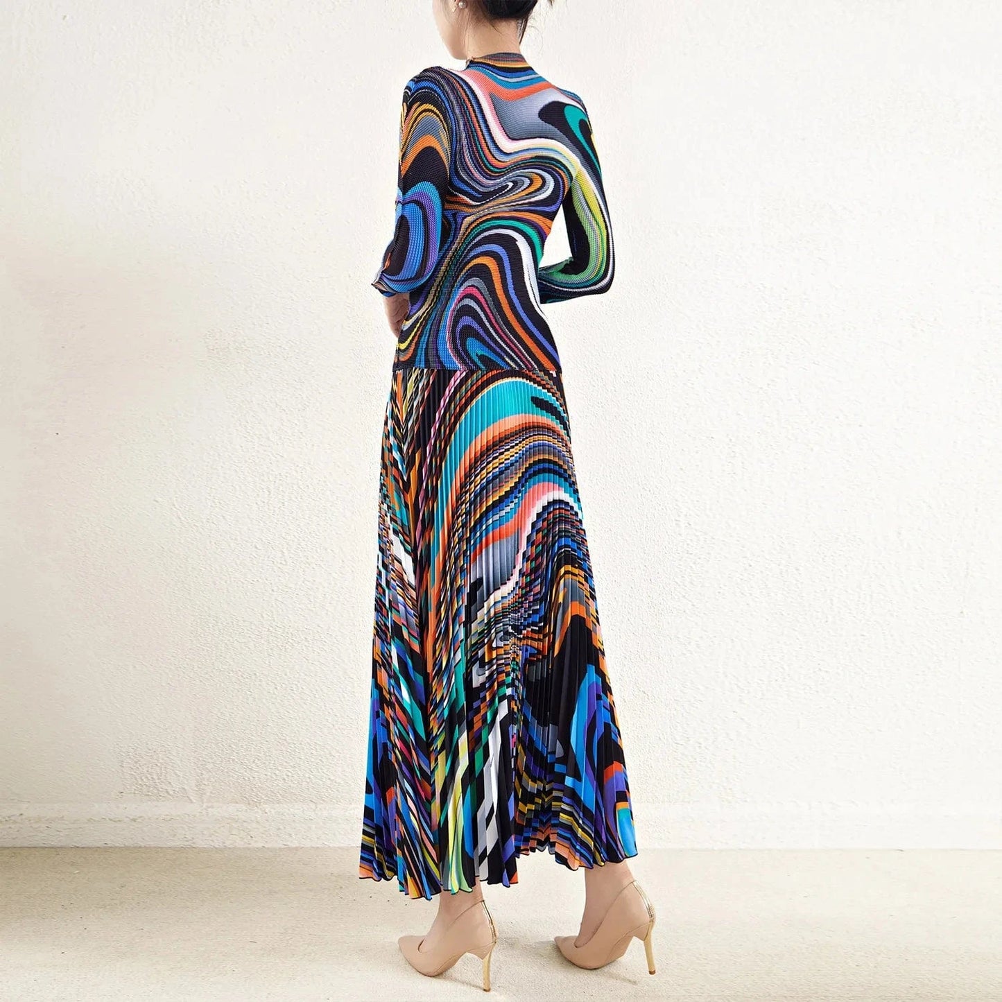 2024 High Quality Miyake Pleated Printed Stretch Top and Long Pleated Skirt One Size Accepts Customized Skirt and Shirt Sets