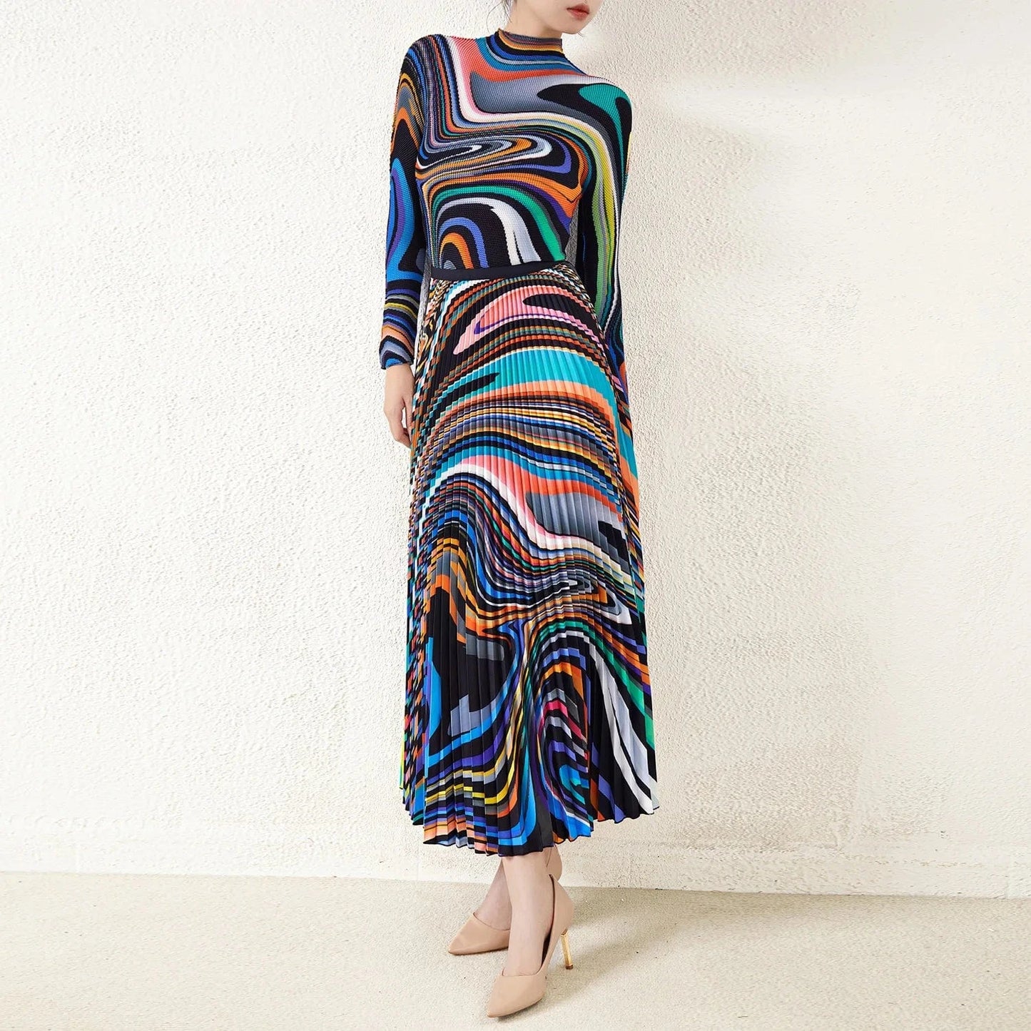 2024 High Quality Miyake Pleated Printed Stretch Top and Long Pleated Skirt One Size Accepts Customized Skirt and Shirt Sets