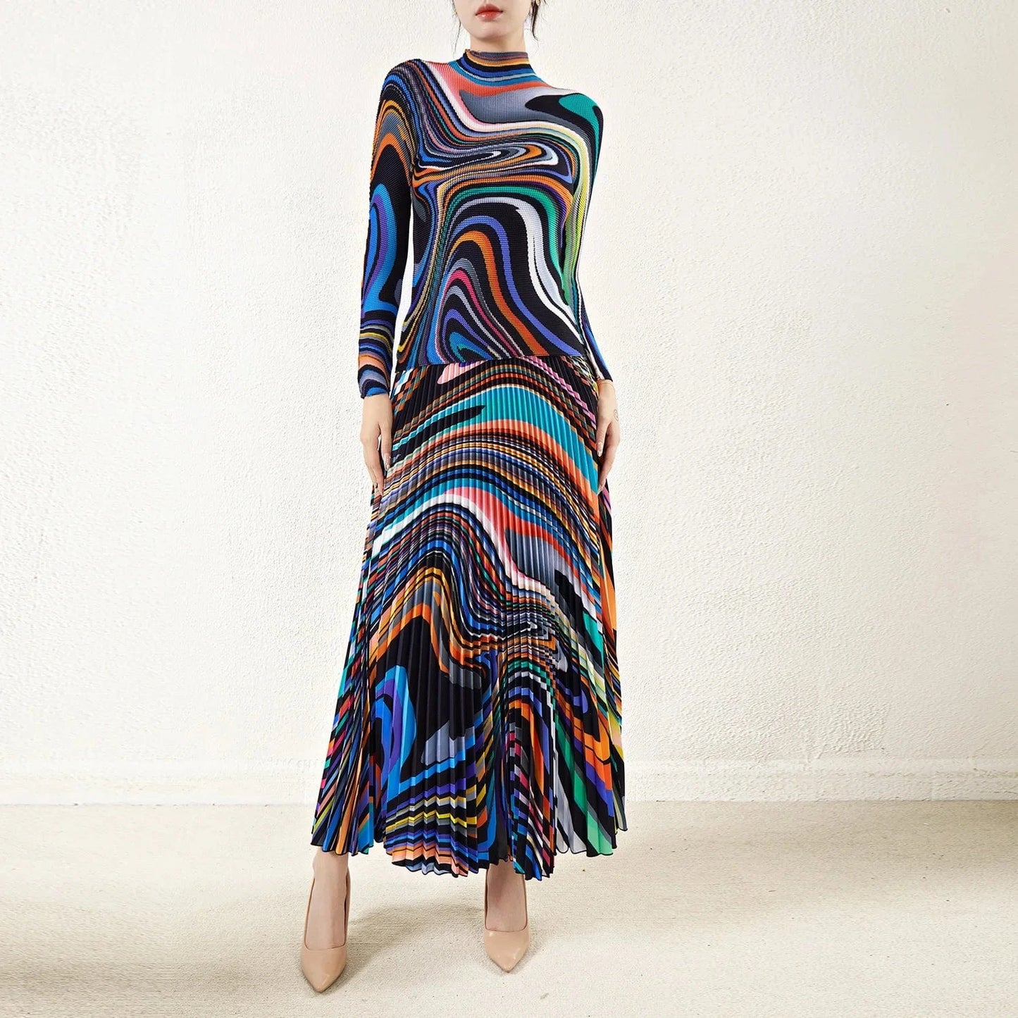 2024 High Quality Miyake Pleated Printed Stretch Top and Long Pleated Skirt One Size Accepts Customized Skirt and Shirt Sets