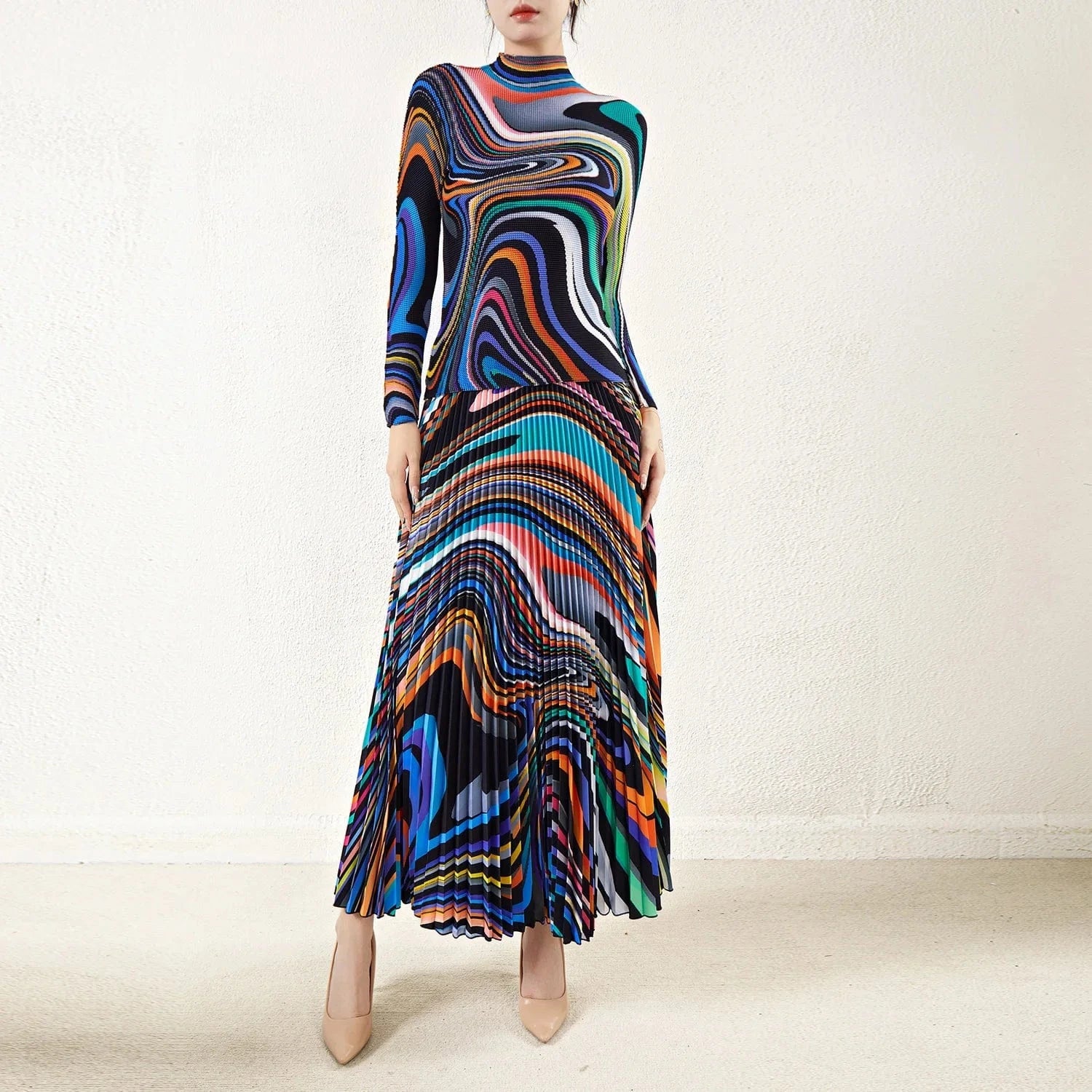 2024 High Quality Miyake Pleated Printed Stretch Top and Long Pleated Skirt One Size Accepts Customized Skirt and Shirt Sets