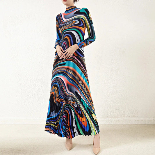 2024 High Quality Miyake Pleated Printed Stretch Top and Long Pleated Skirt One Size Accepts Customized Skirt and Shirt Sets