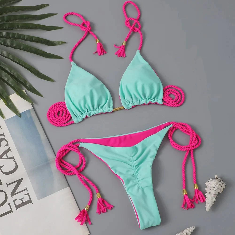 2024 High Quality Retro Printing Swimwear Two Piece Tassel Bikini Set Girls Fitness Beachwear
