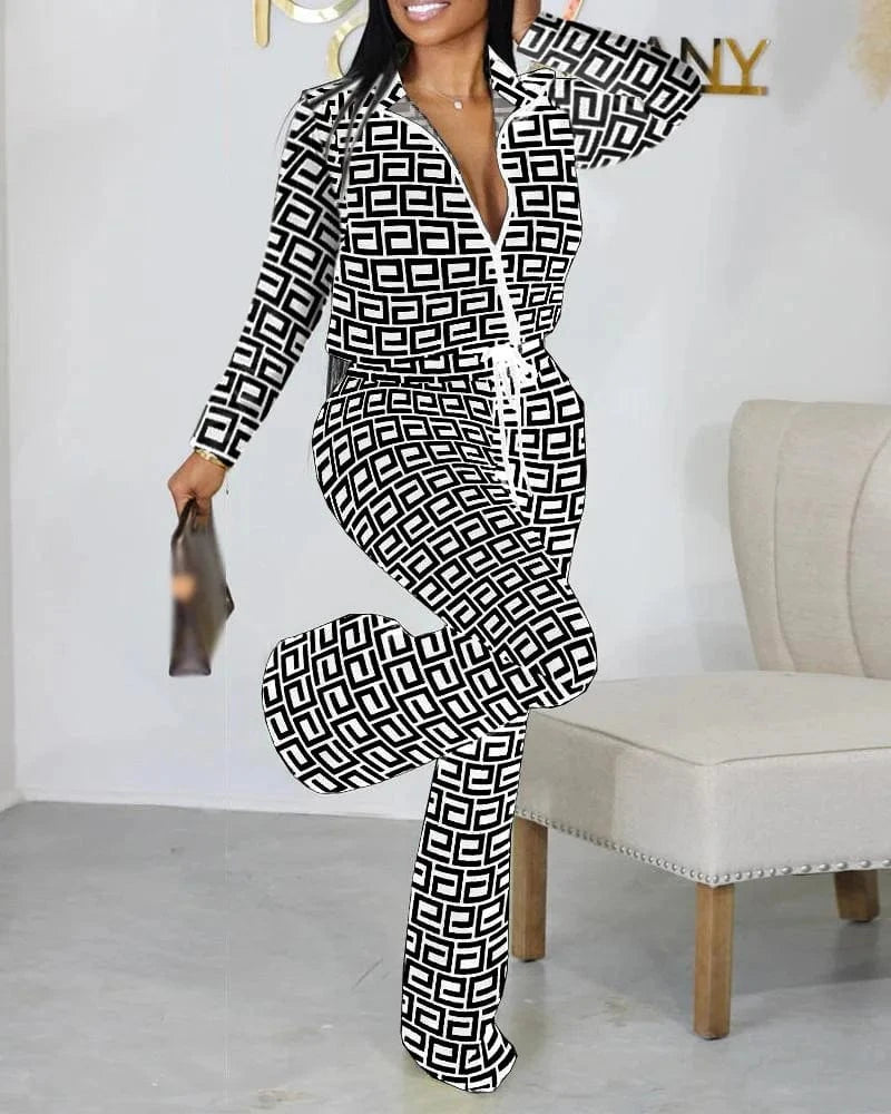 2024 High Quality Summer Printing 2 Pcs Women Set Solid O-neck Jacket And Long Pants Two Piece Casual Tracksuits