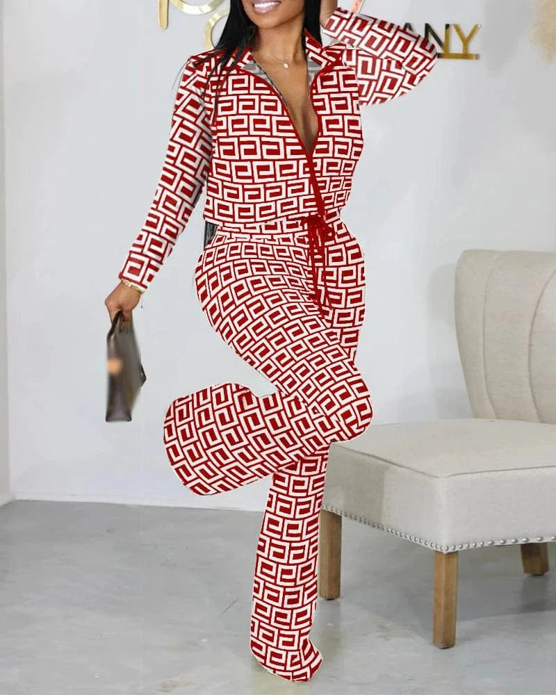 2024 High Quality Summer Printing 2 Pcs Women Set Solid O-neck Jacket And Long Pants Two Piece Casual Tracksuits