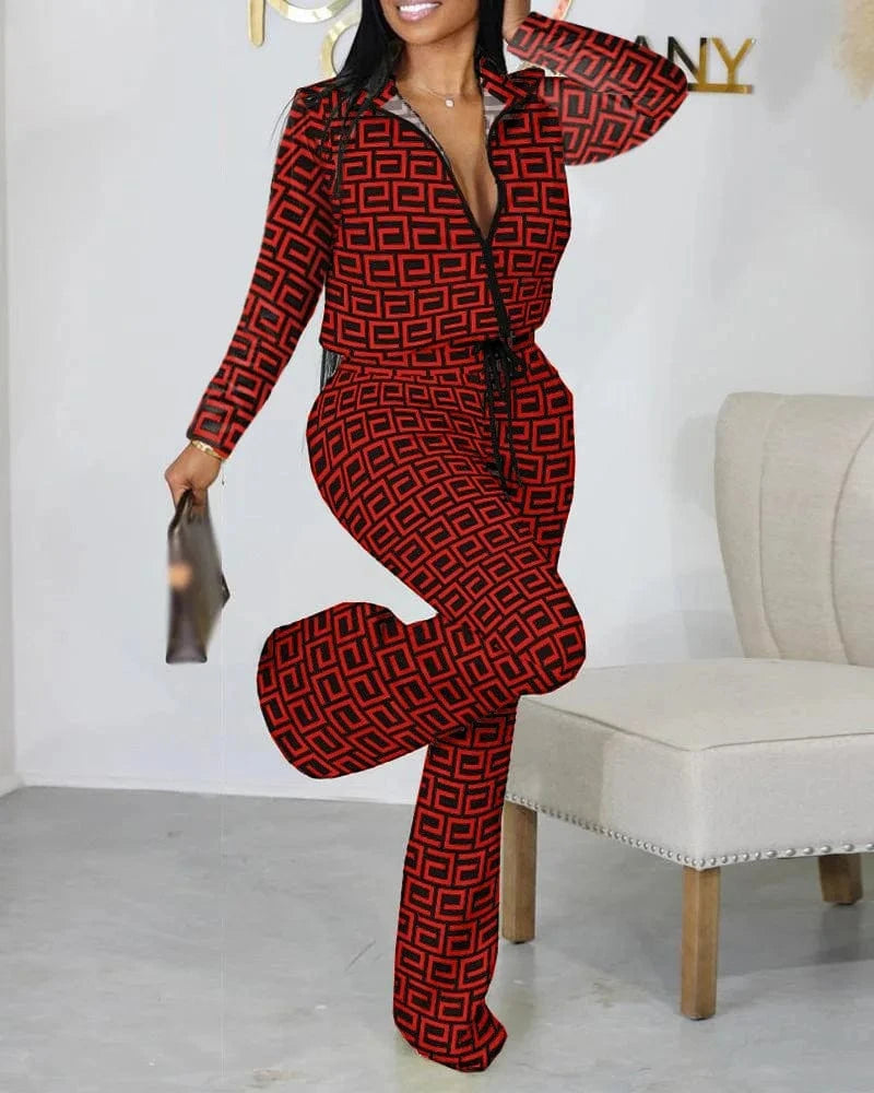 2024 High Quality Summer Printing 2 Pcs Women Set Solid O-neck Jacket And Long Pants Two Piece Casual Tracksuits