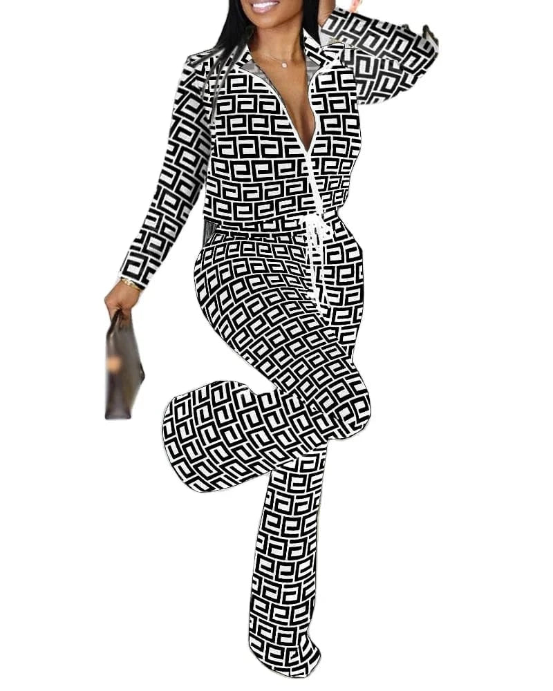 2024 High Quality Summer Printing 2 Pcs Women Set Solid O-neck Jacket And Long Pants Two Piece Casual Tracksuits