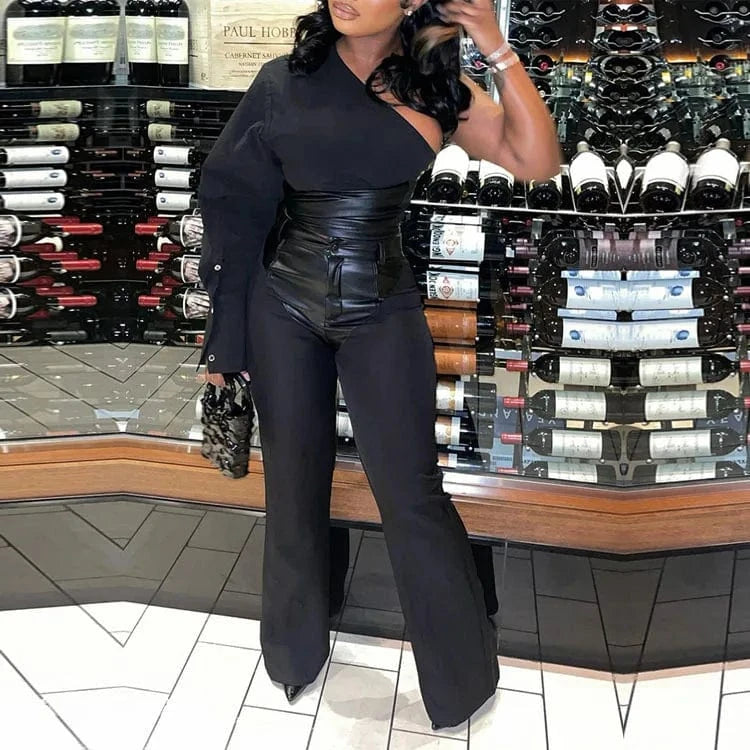 2024 High Waist Pants Set& Lady Pu Leather Patchwork Black Two Pieces Set Women One Shoulder Lantern Sleeve Top