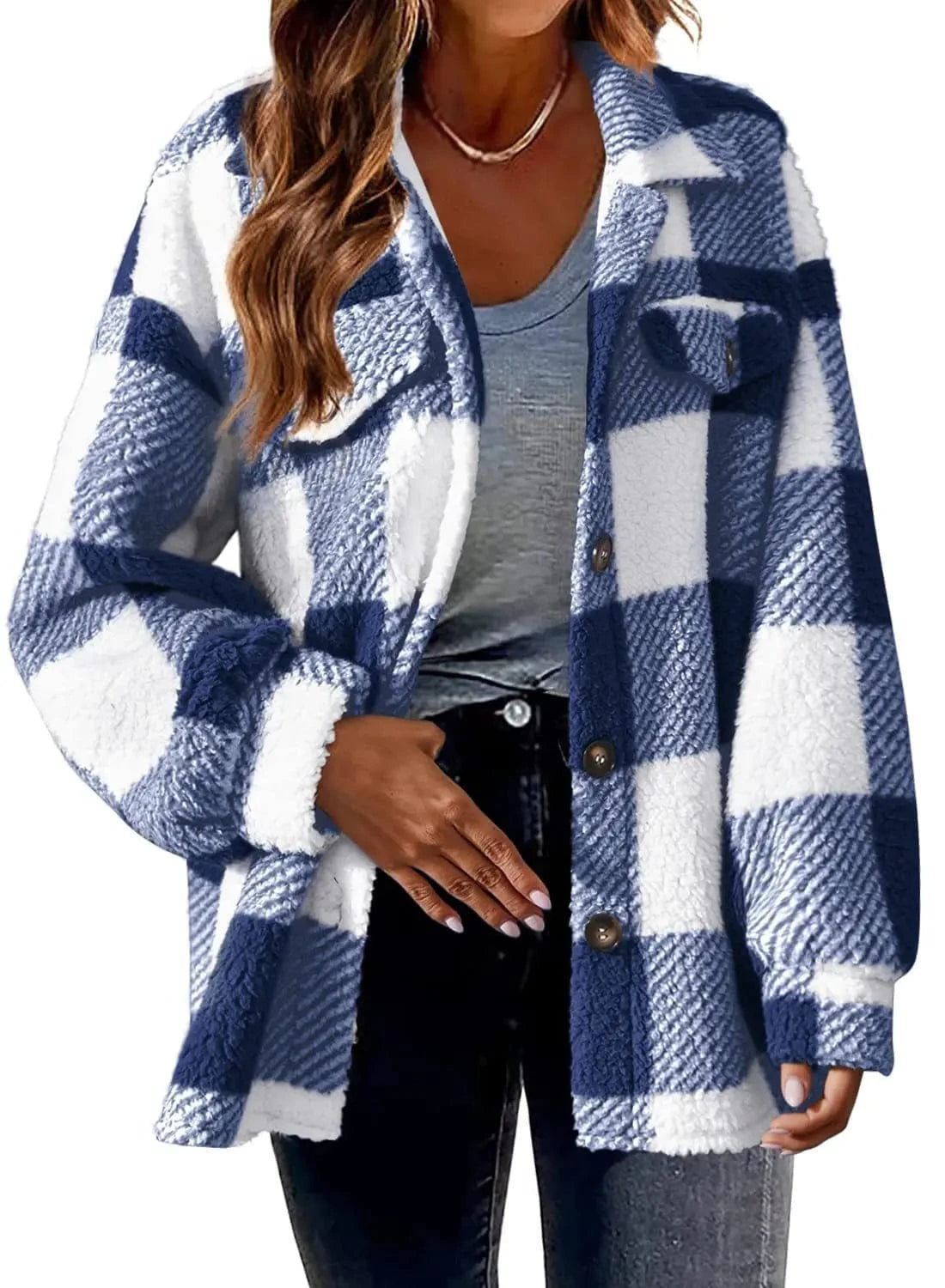 2024 Hot Design Autumn Women's New Fashion Loose Casual Pocket Plaid Lamb Fleece Jacket Button Plush Comfortable Versatile Coat