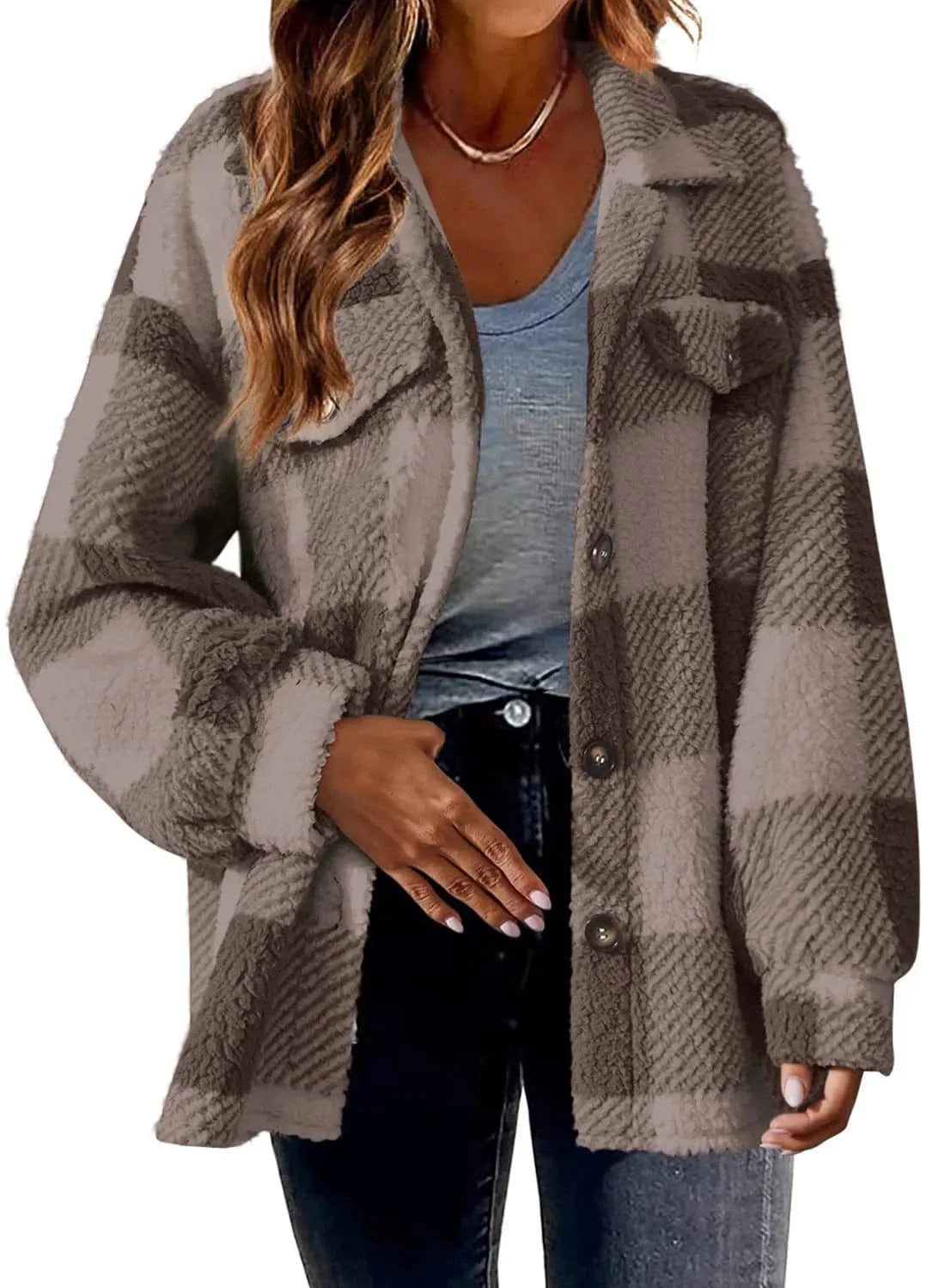 2024 Hot Design Autumn Women's New Fashion Loose Casual Pocket Plaid Lamb Fleece Jacket Button Plush Comfortable Versatile Coat