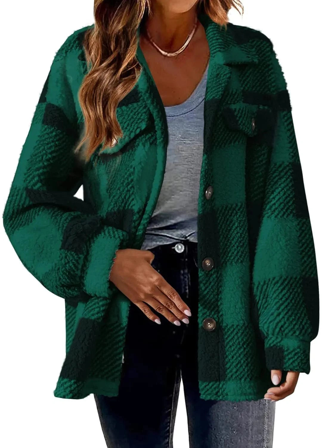 2024 Hot Design Autumn Women's New Fashion Loose Casual Pocket Plaid Lamb Fleece Jacket Button Plush Comfortable Versatile Coat