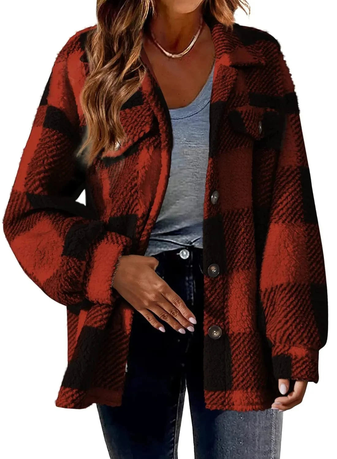 2024 Hot Design Autumn Women's New Fashion Loose Casual Pocket Plaid Lamb Fleece Jacket Button Plush Comfortable Versatile Coat