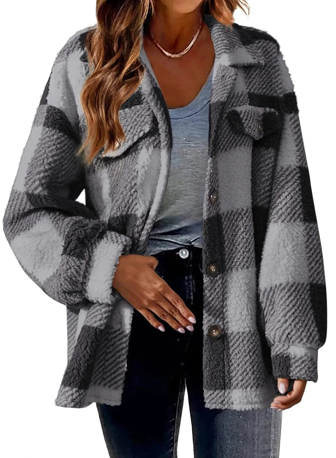 2024 Hot Design Autumn Women's New Fashion Loose Casual Pocket Plaid Lamb Fleece Jacket Button Plush Comfortable Versatile Coat