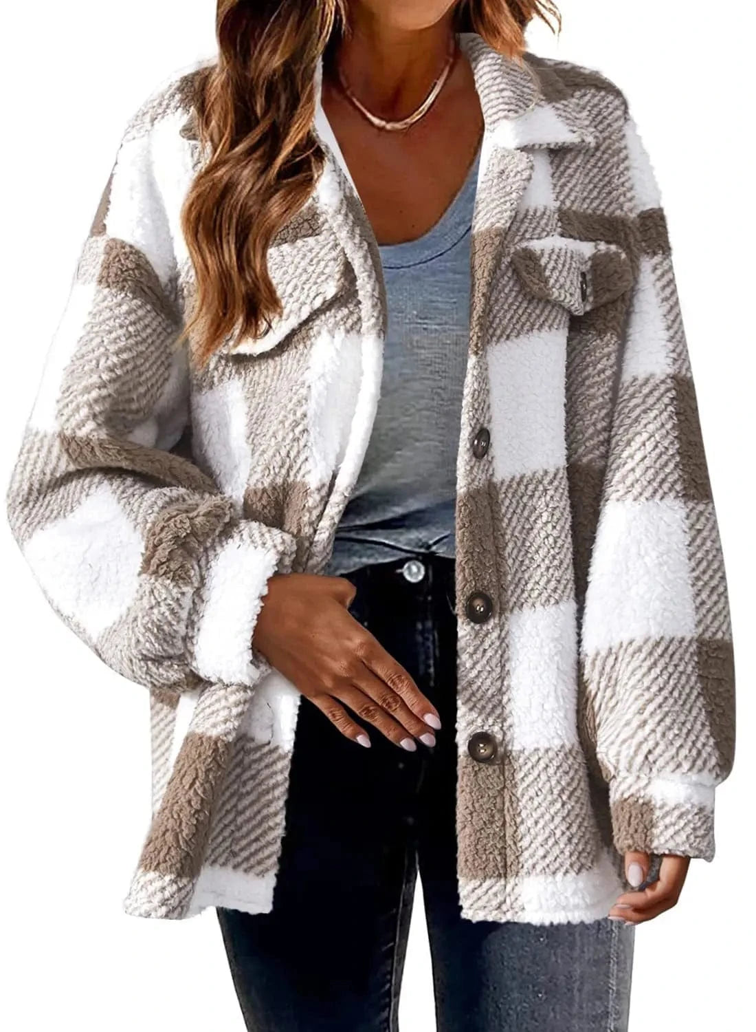 2024 Hot Design Autumn Women's New Fashion Loose Casual Pocket Plaid Lamb Fleece Jacket Button Plush Comfortable Versatile Coat